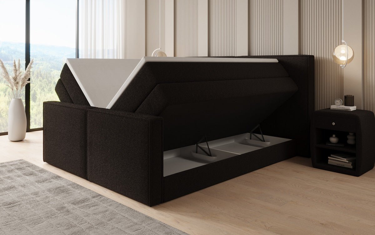 Boxspringbed Ophelia II met opklapbare opbergruimte in Teddystof Bouclé