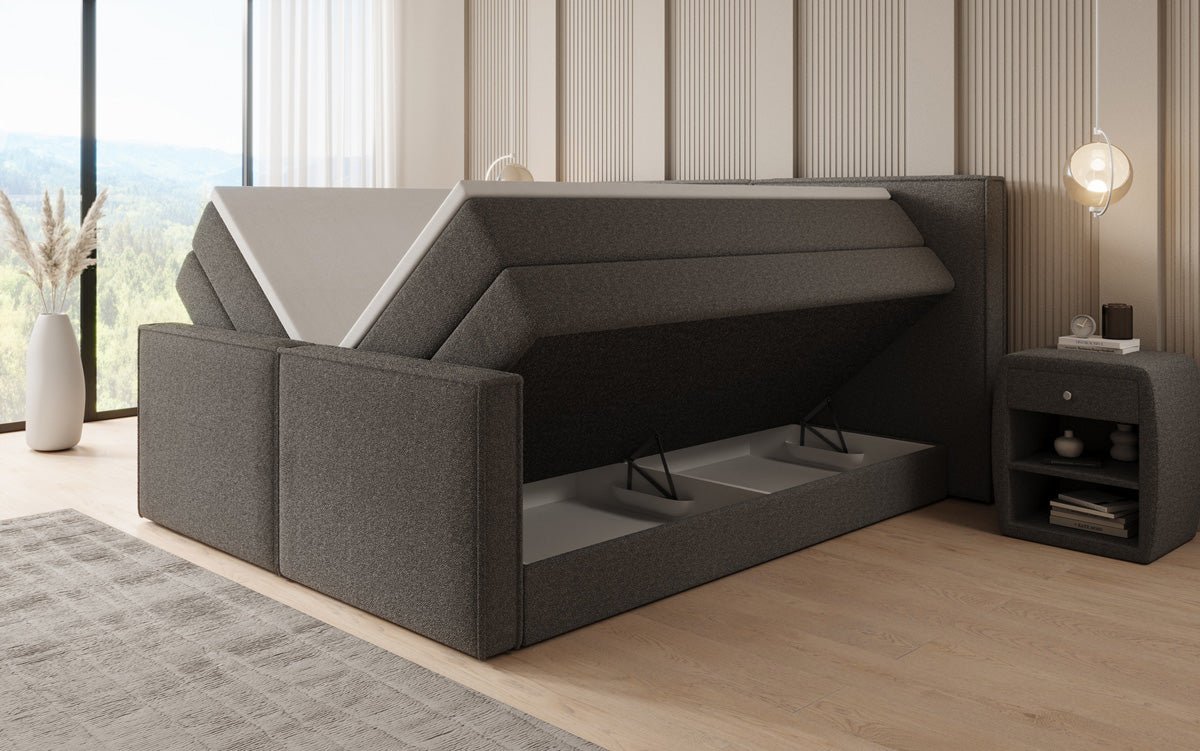 Boxspringbed Ophelia II met opklapbare opbergruimte in Teddystof Bouclé