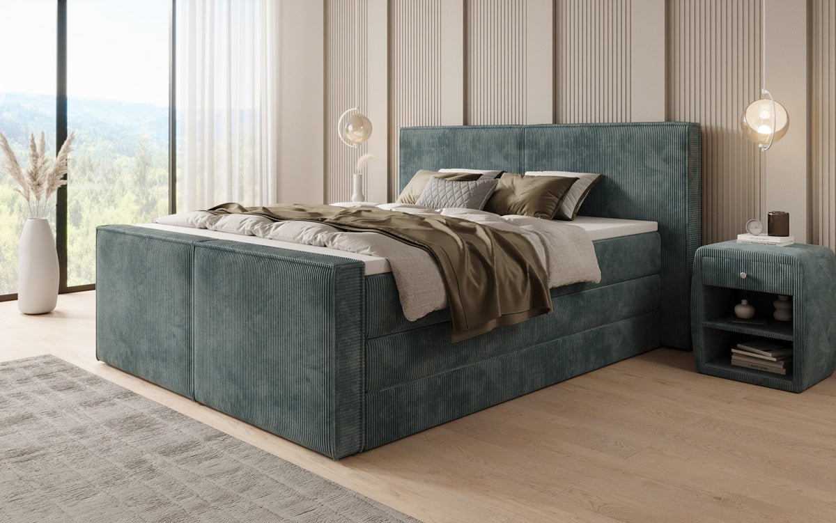 Boxspringbed Ophelia II met opklapbare opbergruimte in Ribstof