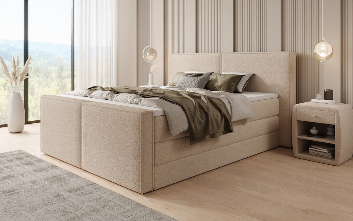 Boxspringbed Ophelia II met opklapbare opbergruimte in Teddystof Bouclé