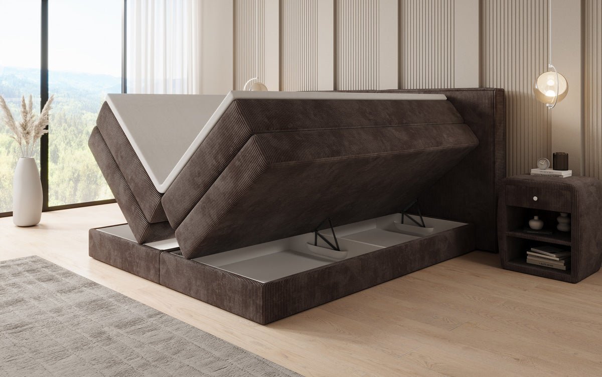 Boxspringbed Ophelia met opklapbare opbergruimte in Ribstof