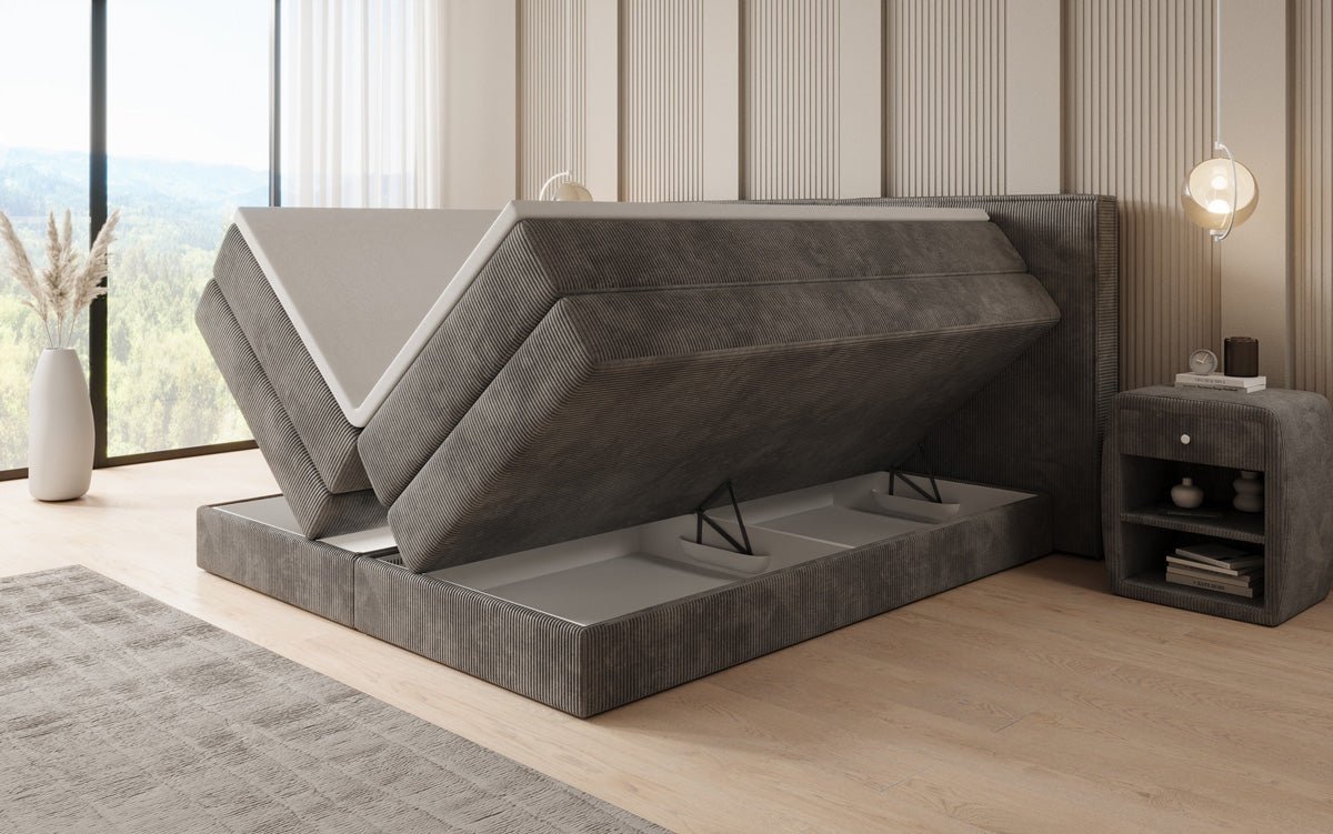 Boxspringbed Ophelia met opklapbare opbergruimte in Ribstof