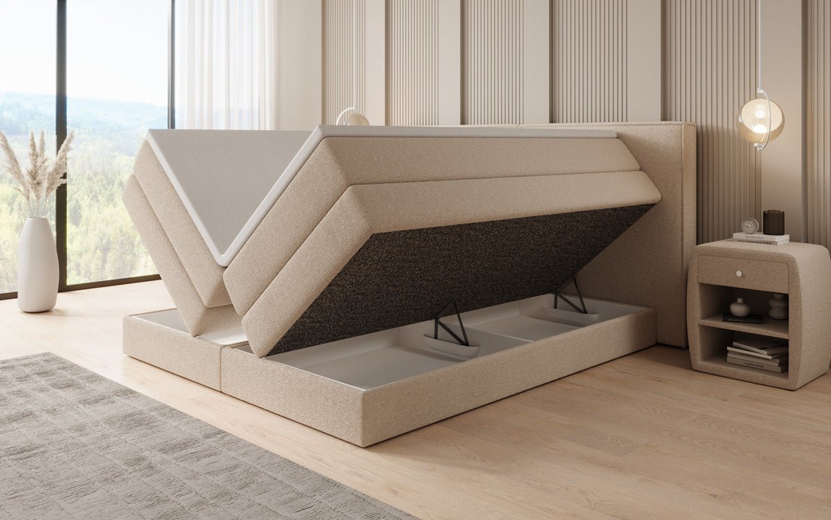 Boxspringbed Ophelia met opklapbare opbergruimte in Teddystof Bouclé