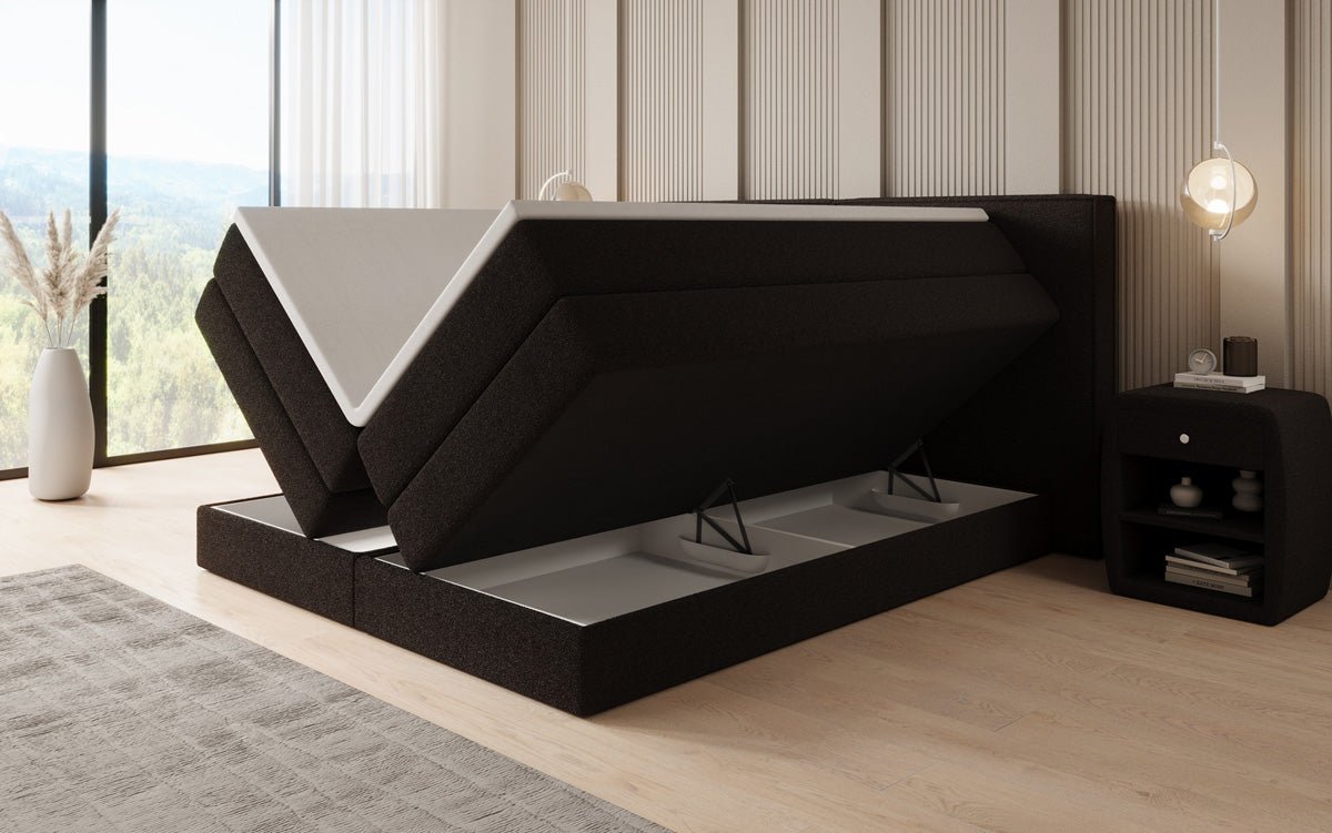 Boxspringbed Ophelia met opklapbare opbergruimte in Teddystof Bouclé