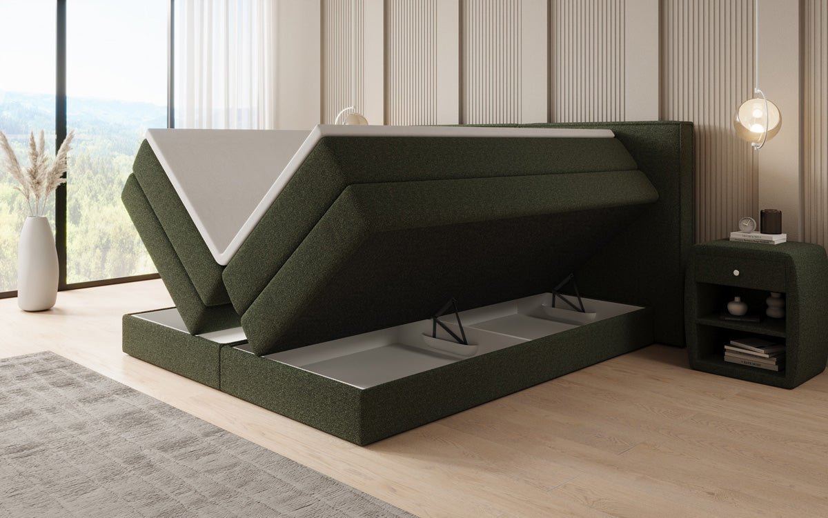 Boxspringbed Ophelia met opklapbare opbergruimte in Teddystof Bouclé