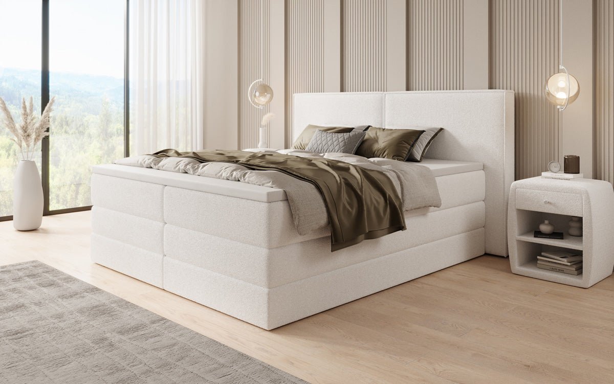 Boxspringbed Ophelia met opklapbare opbergruimte in Teddystof Bouclé