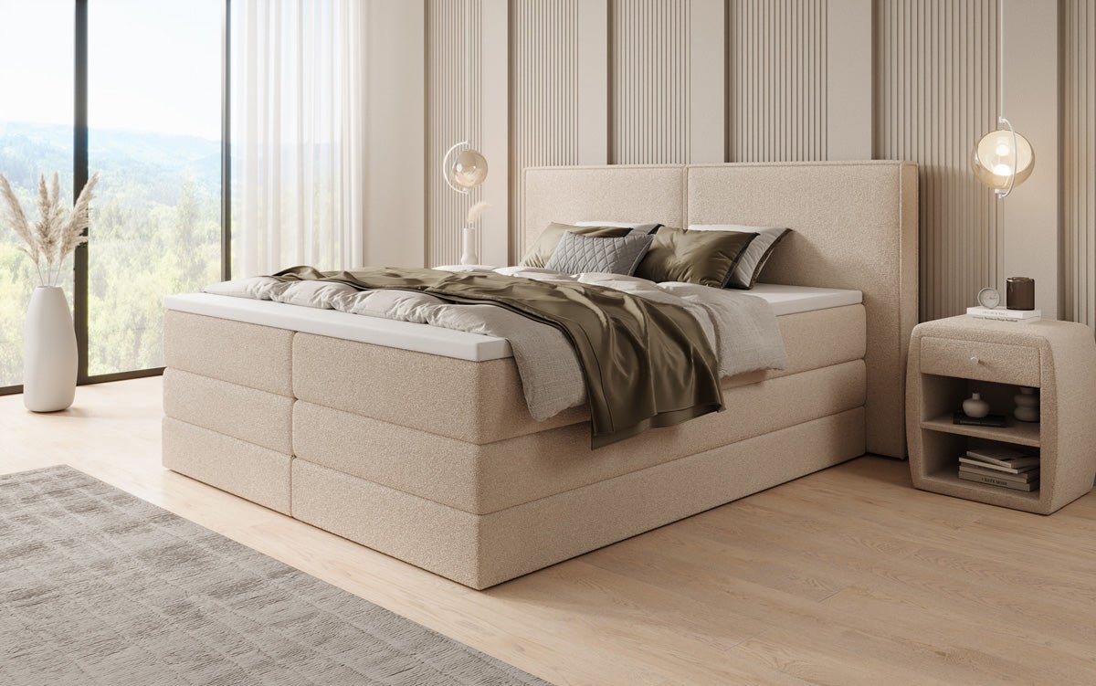 Boxspringbed Ophelia met opklapbare opbergruimte in Teddystof Bouclé