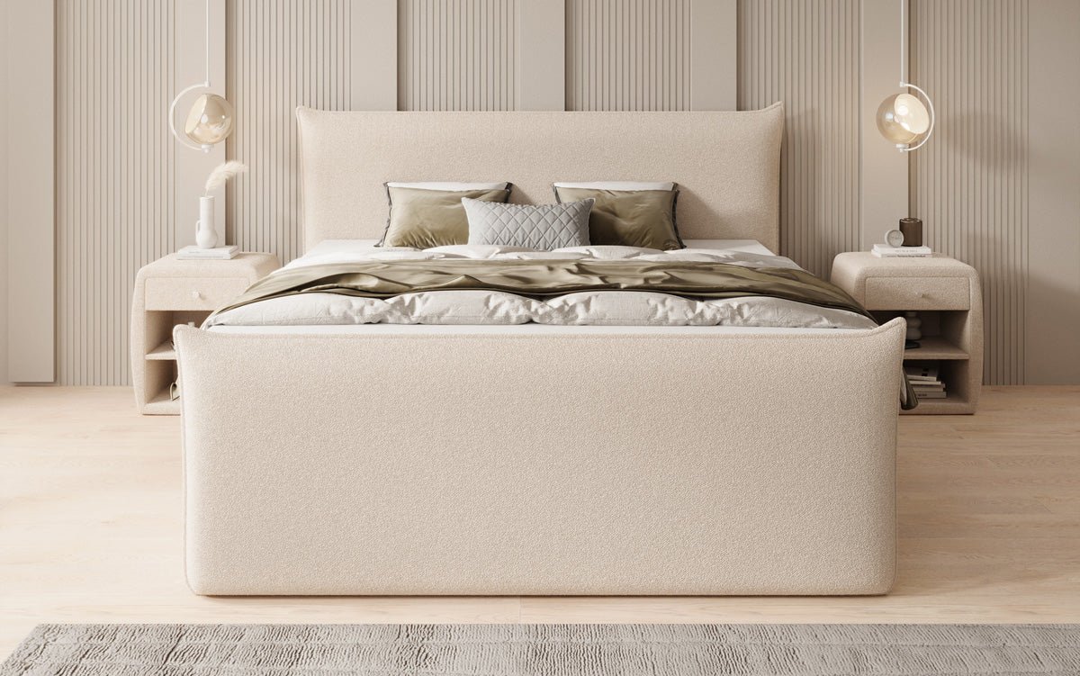 Boxspringbed Liana II met opklapbare opbergruimte in Teddystof Bouclé