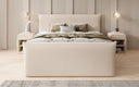 Boxspringbed Liana II met opklapbare opbergruimte in Teddystof Bouclé