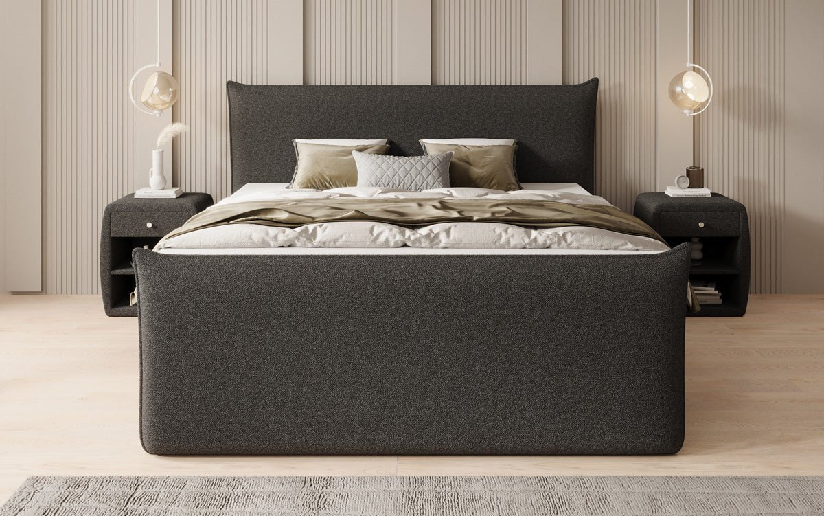 Boxspringbed Liana II met opklapbare opbergruimte in Teddystof Bouclé