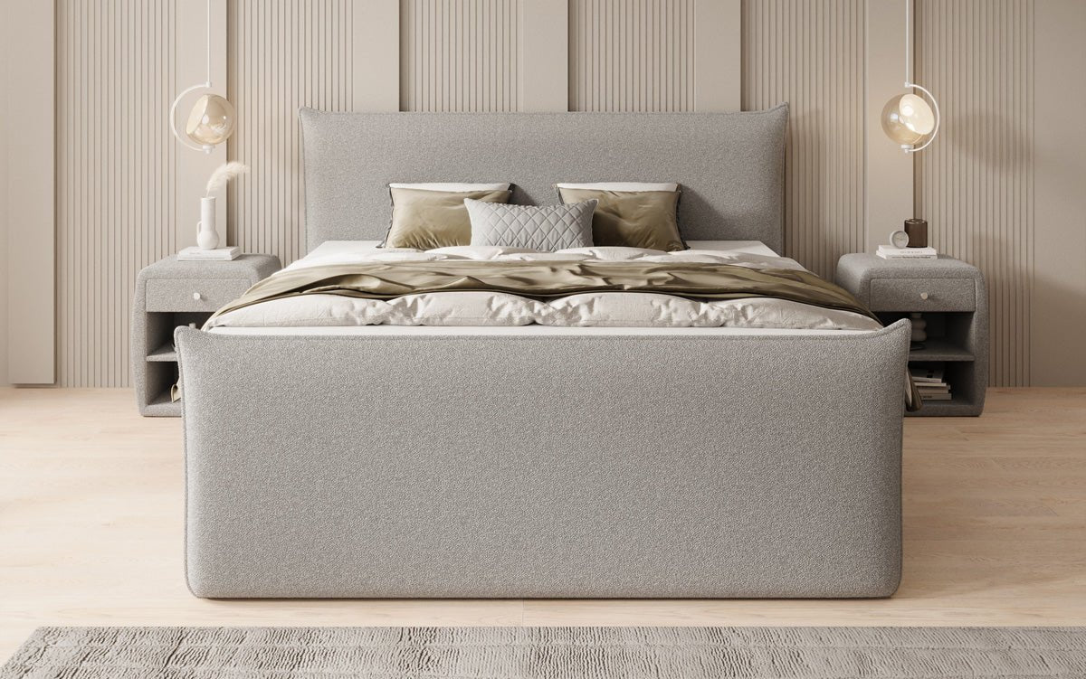 Boxspringbed Liana II met opklapbare opbergruimte in Teddystof Bouclé