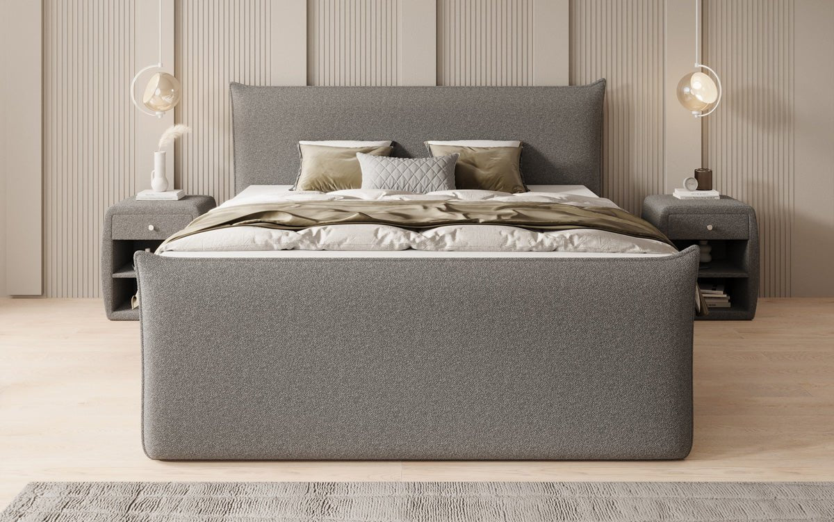 Boxspringbed Liana II met opklapbare opbergruimte in Teddystof Bouclé