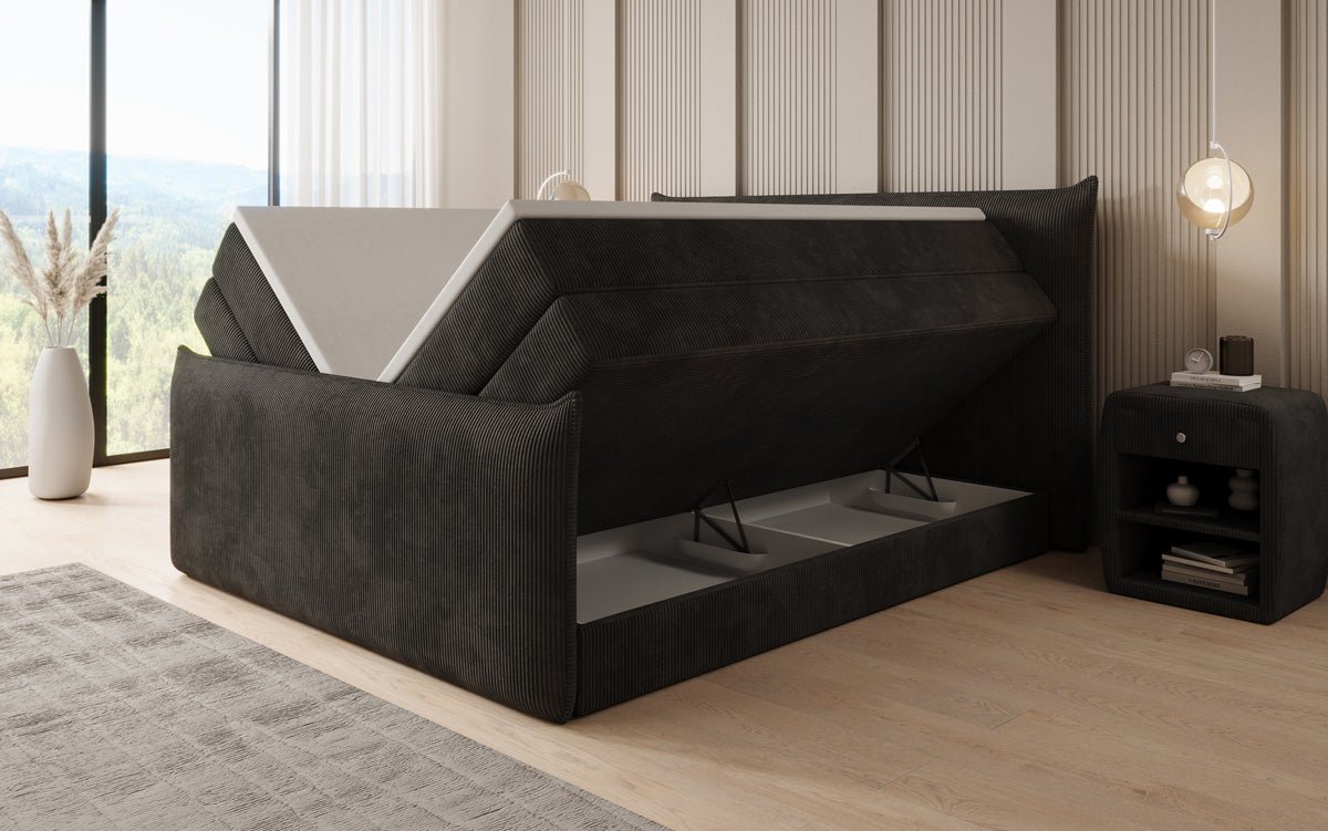 Boxspringbed Liana II met opklapbare opbergruimte in Ribstof