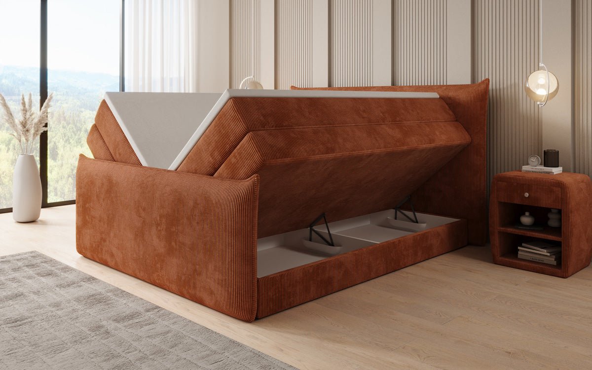 Boxspringbed Liana II met opklapbare opbergruimte in Ribstof