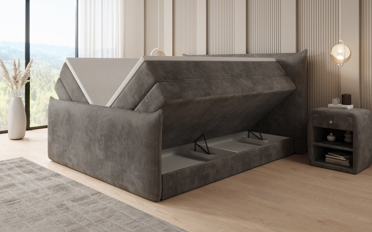 Boxspringbed Liana II met opklapbare opbergruimte in Ribstof