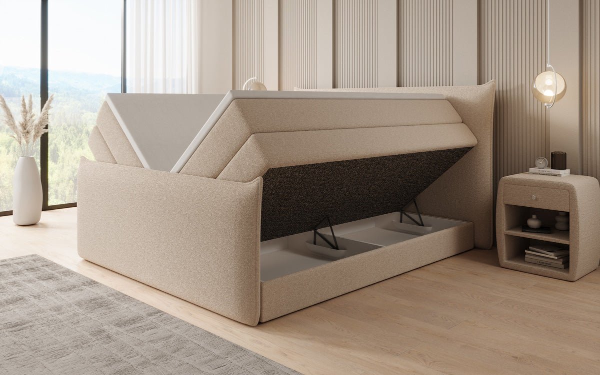 Boxspringbed Liana II met opklapbare opbergruimte in Teddystof Bouclé