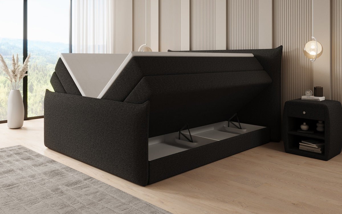 Boxspringbed Liana II met opklapbare opbergruimte in Teddystof Bouclé