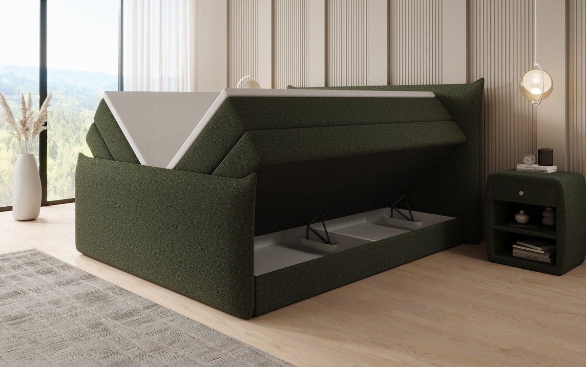 Boxspringbed Liana II met opklapbare opbergruimte in Teddystof Bouclé