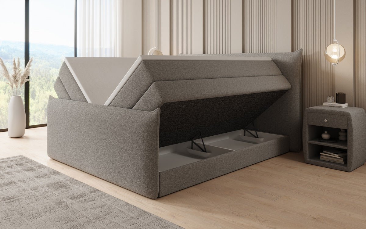 Boxspringbed Liana II met opklapbare opbergruimte in Teddystof Bouclé