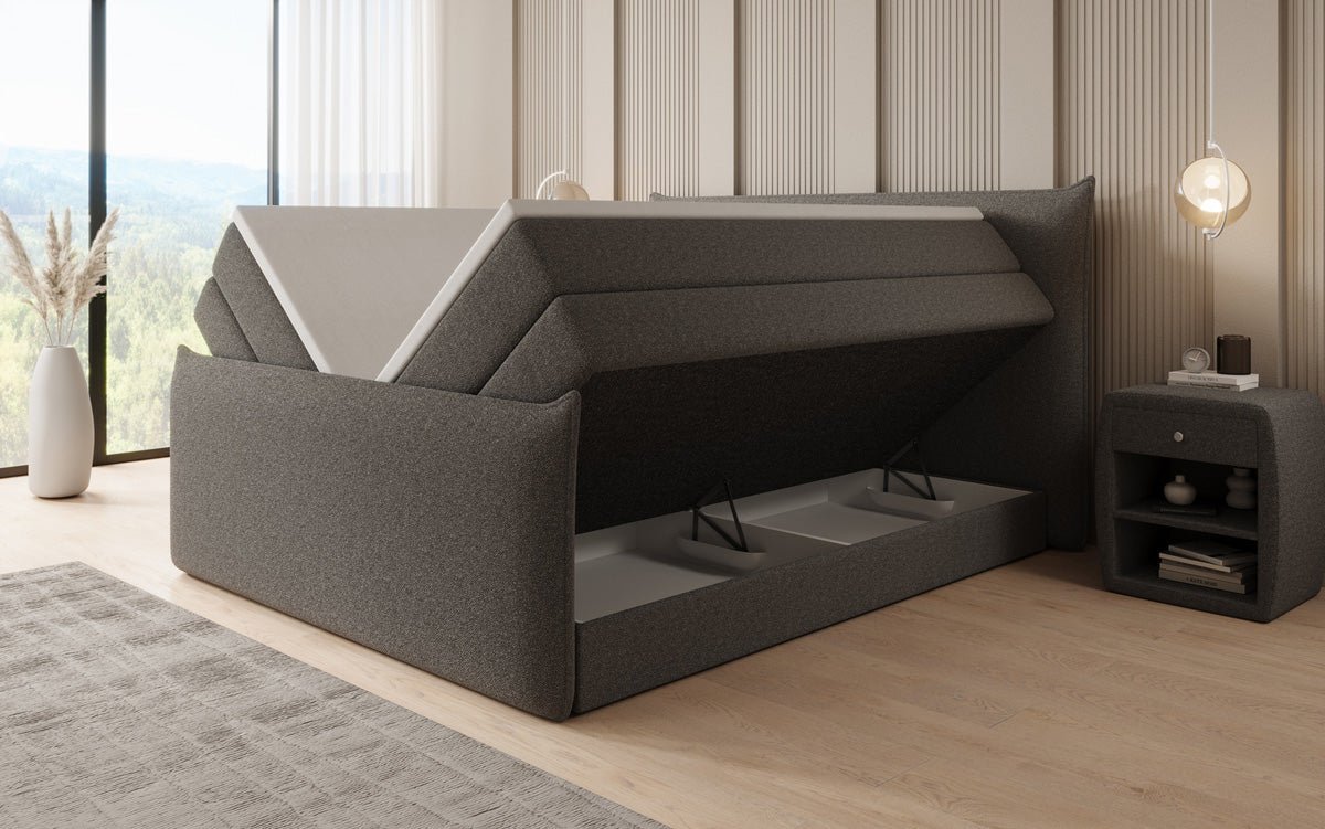 Boxspringbed Liana II met opklapbare opbergruimte in Teddystof Bouclé