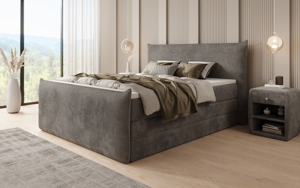 Boxspringbed Liana II met opklapbare opbergruimte in Ribstof