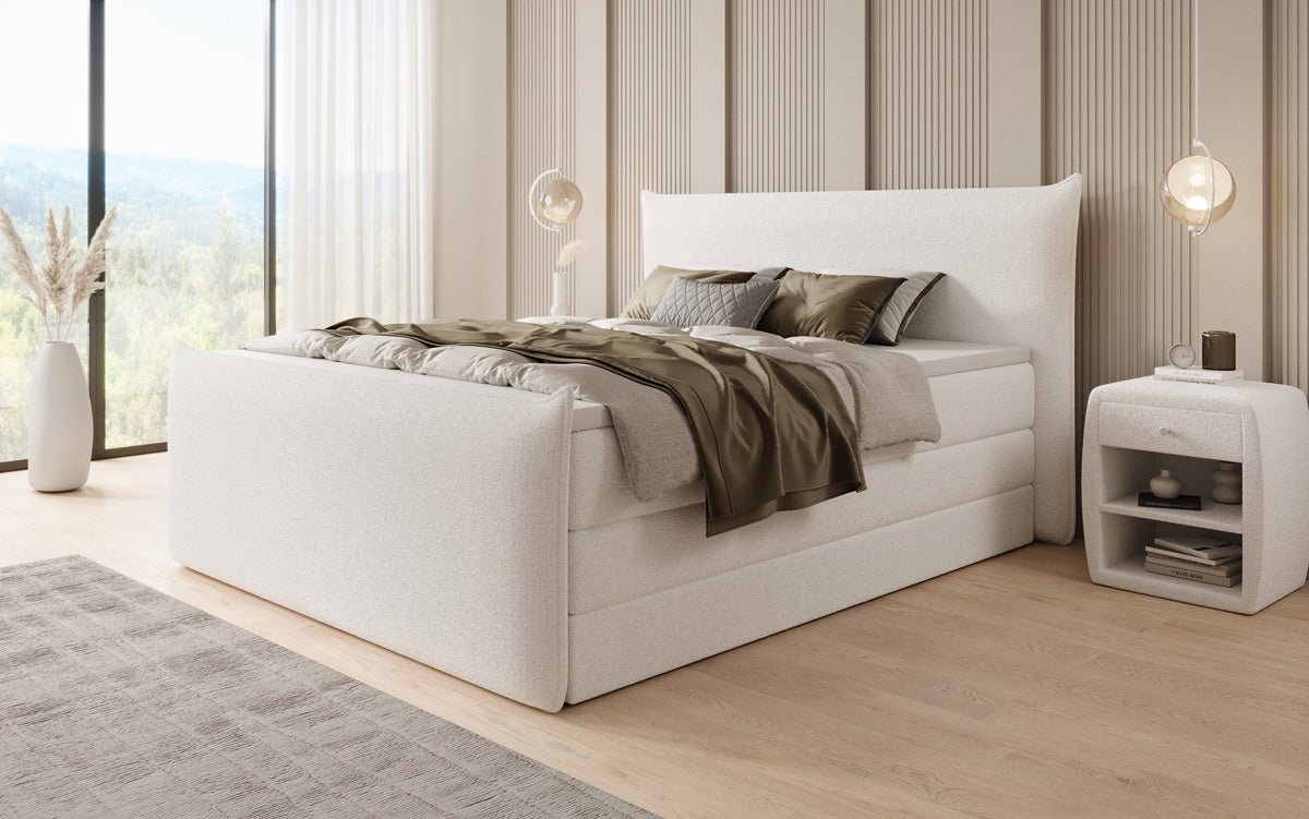 Boxspringbed Liana II met opklapbare opbergruimte in Teddystof Bouclé