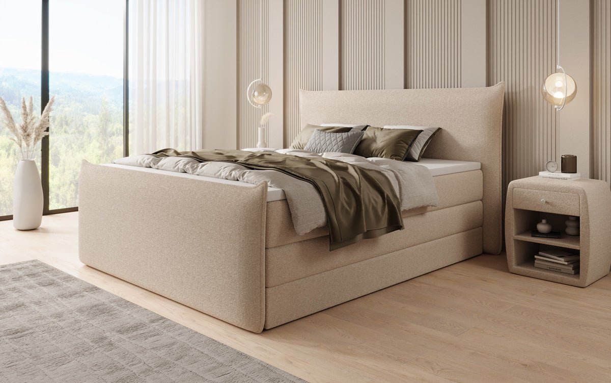 Boxspringbed Liana II met opklapbare opbergruimte in Teddystof Bouclé