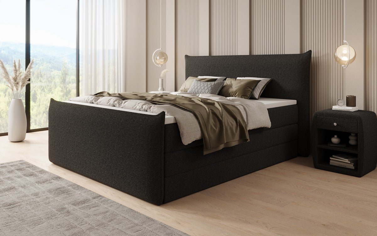 Boxspringbed Liana II met opklapbare opbergruimte in Teddystof Bouclé