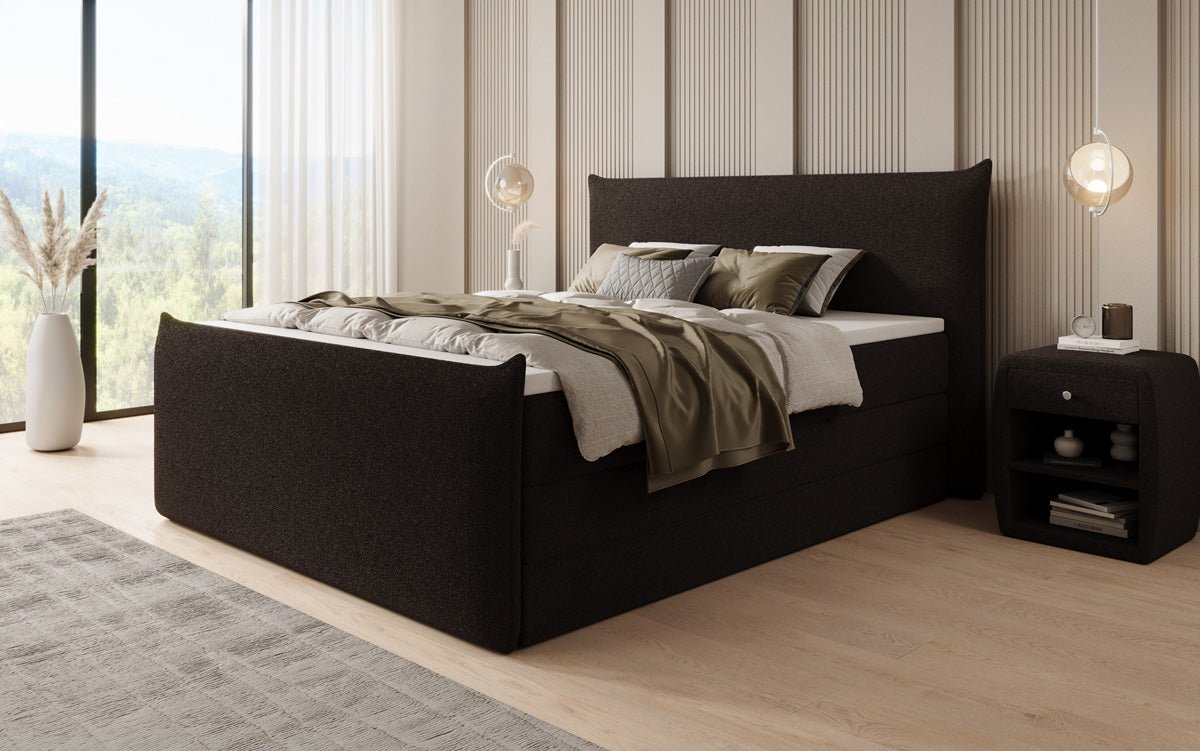 Boxspringbed Liana II met opklapbare opbergruimte in Teddystof Bouclé