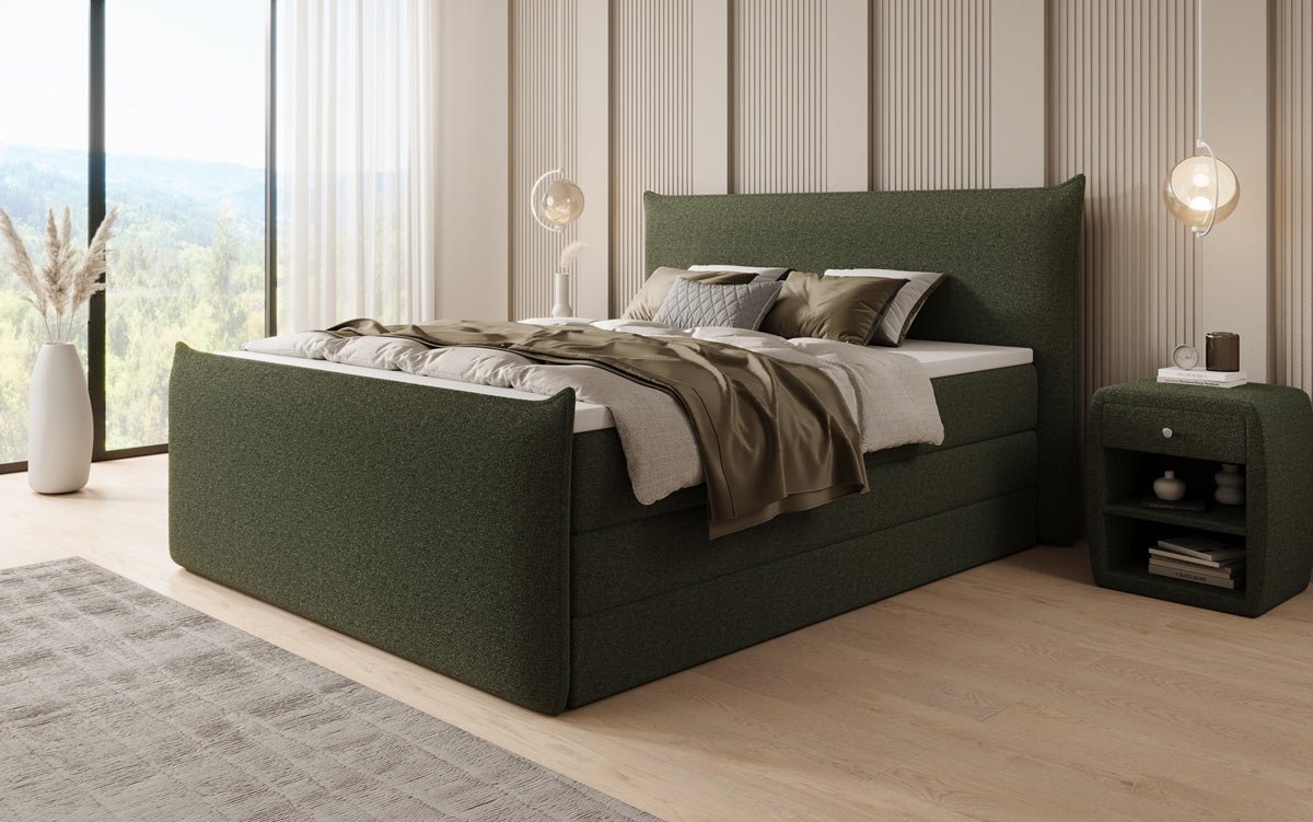 Boxspringbed Liana II met opklapbare opbergruimte in Teddystof Bouclé