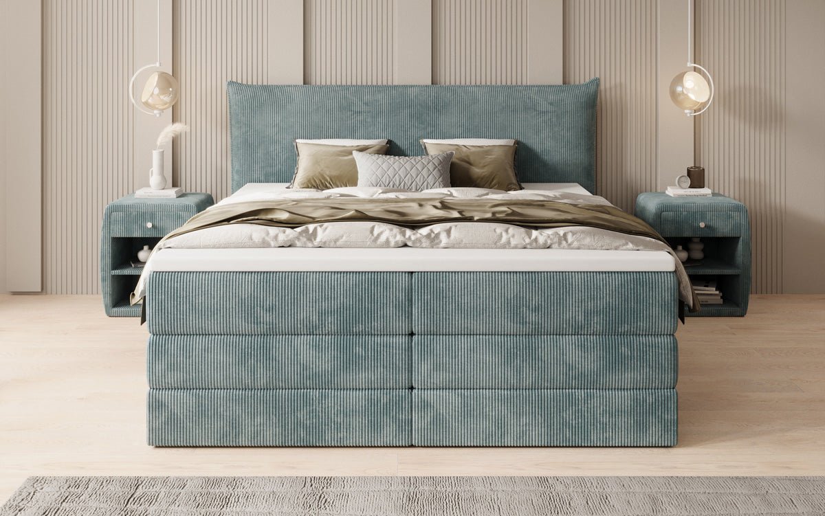 Boxspringbed Liana met opklapbare opbergruimte in Ribstof