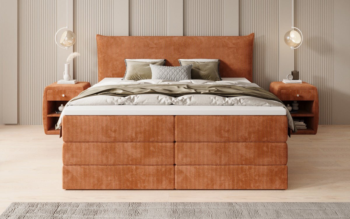 Boxspringbed Liana met opklapbare opbergruimte in Ribstof