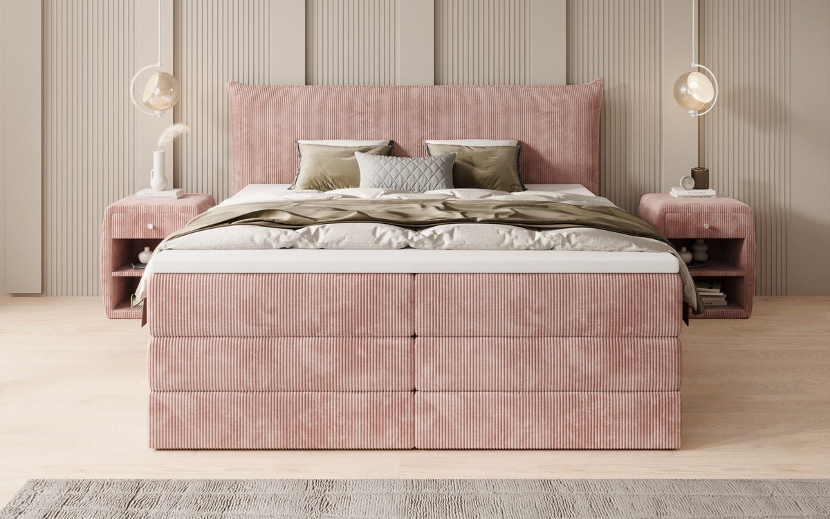 Boxspringbed Liana met opklapbare opbergruimte in Ribstof