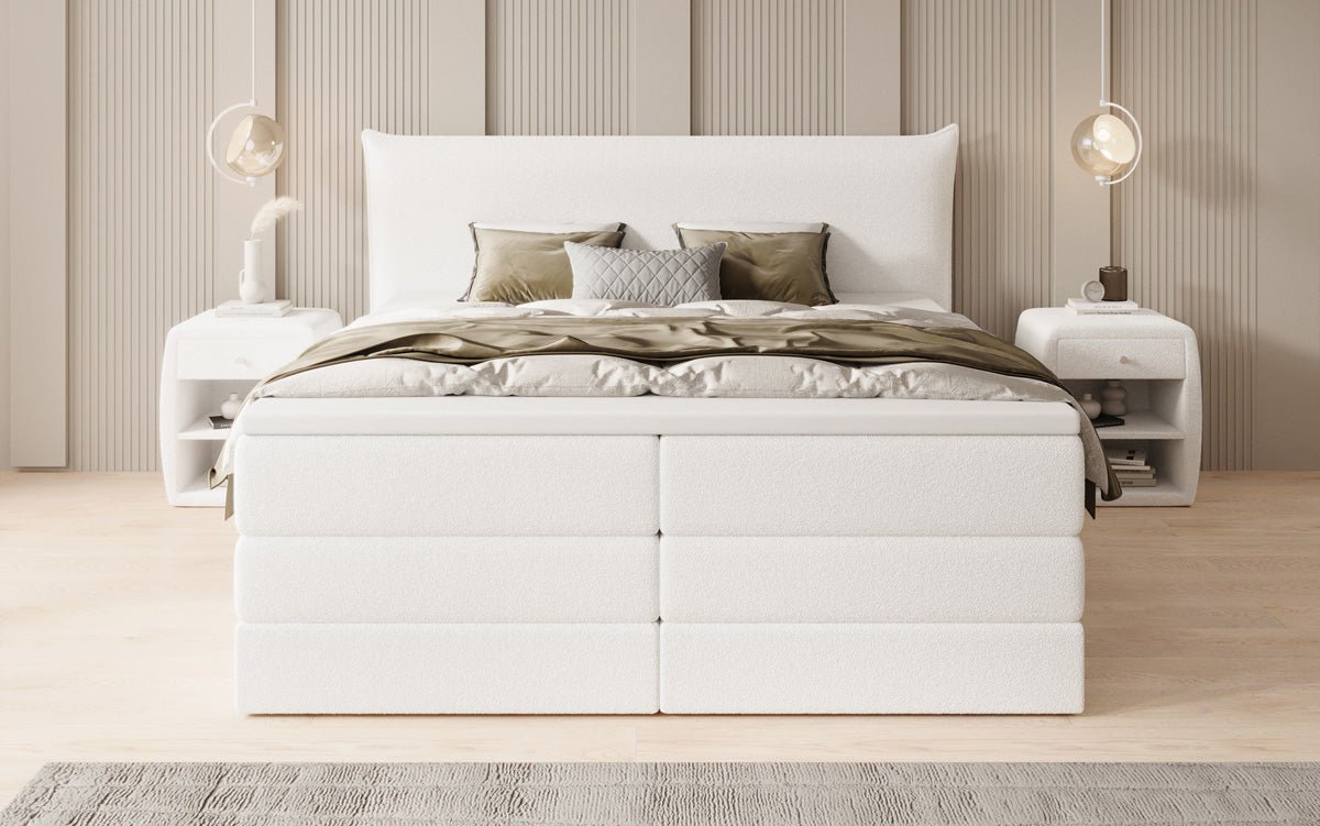 Boxspringbed Liana met opklapbare opbergruimte in Teddystof Bouclé