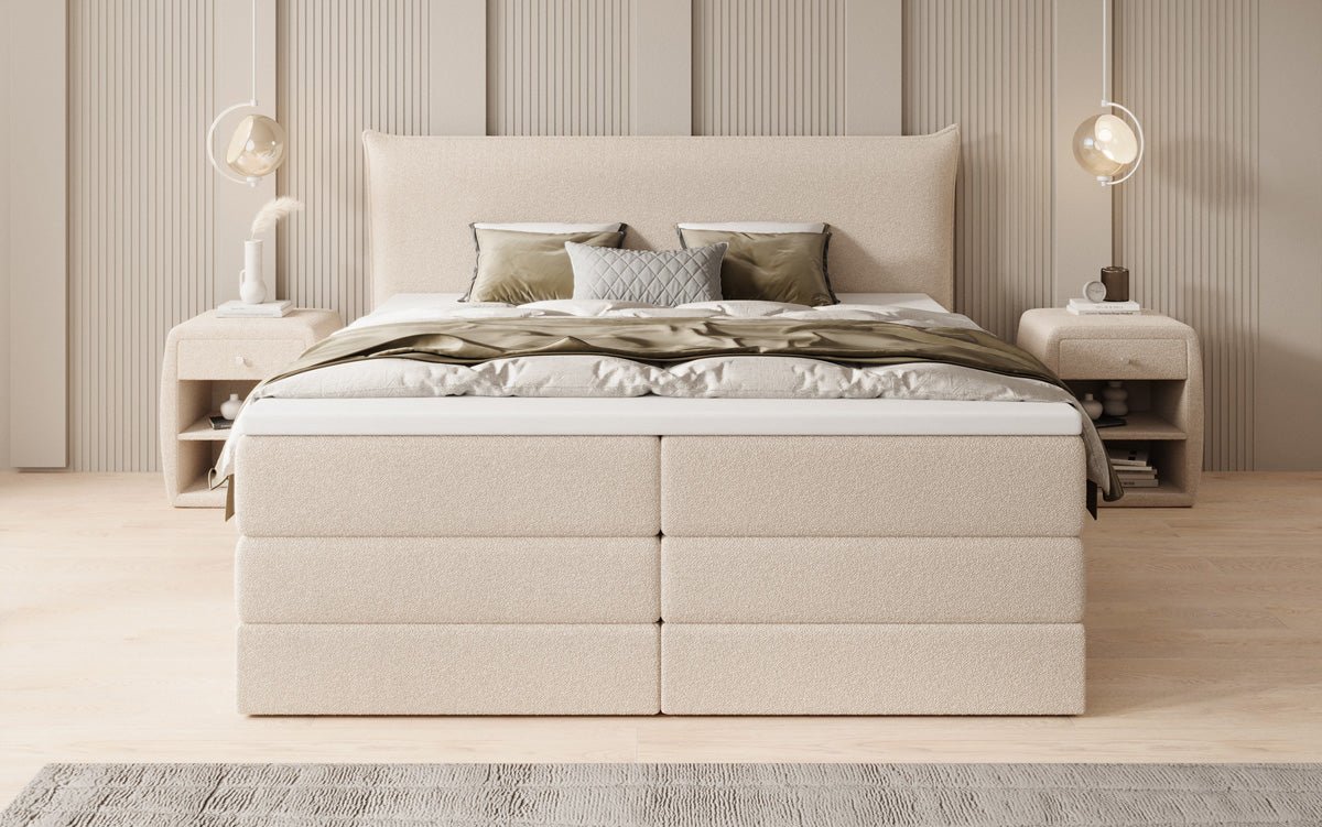 Boxspringbed Liana met opklapbare opbergruimte in Teddystof Bouclé