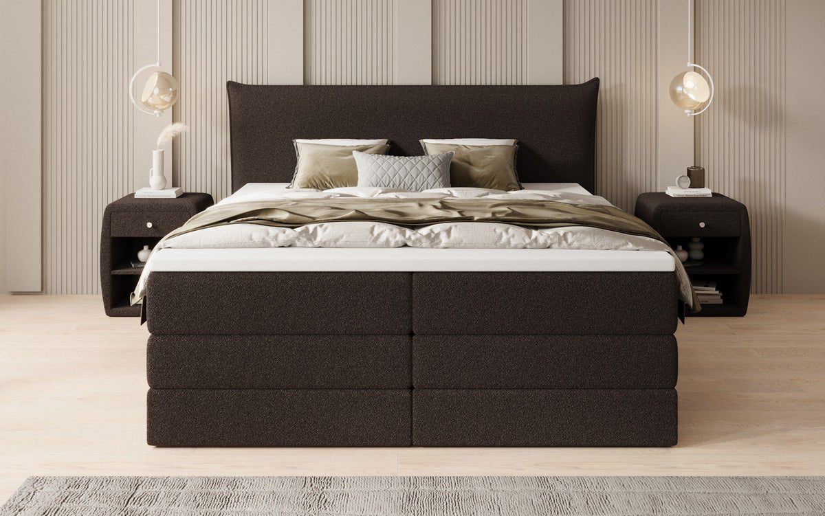 Boxspringbed Liana met opklapbare opbergruimte in Teddystof Bouclé