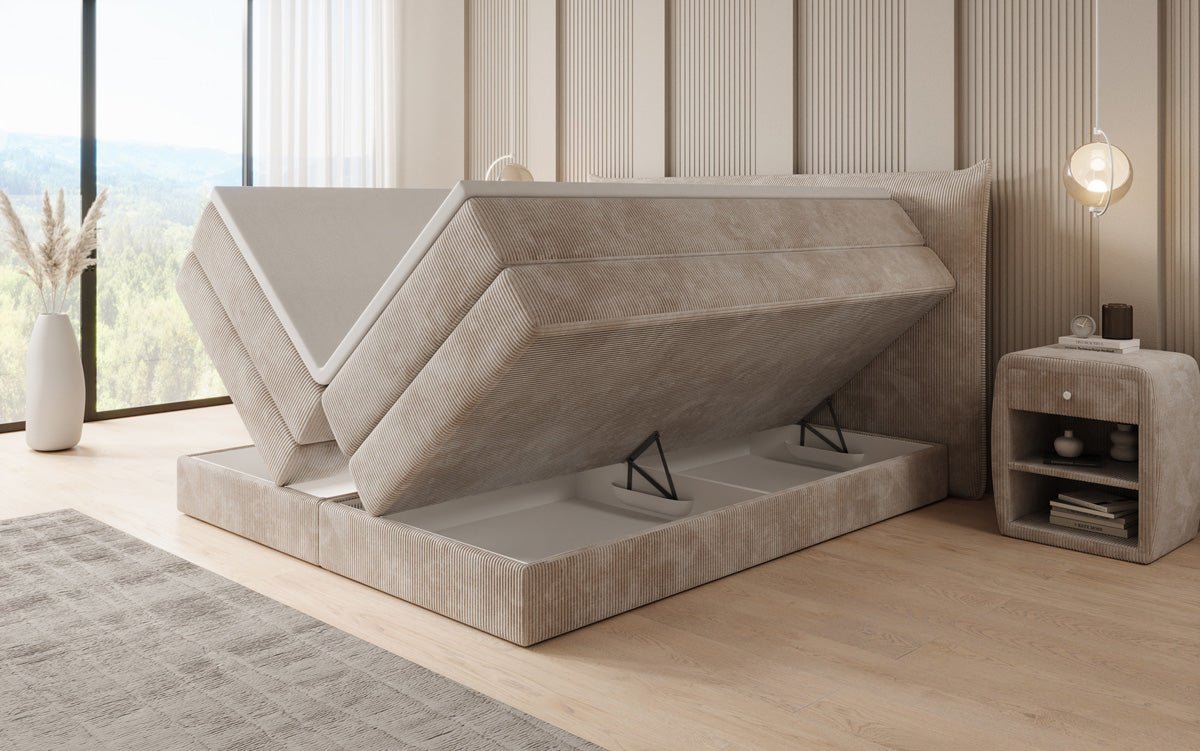 Boxspringbed Liana met opklapbare opbergruimte in Ribstof