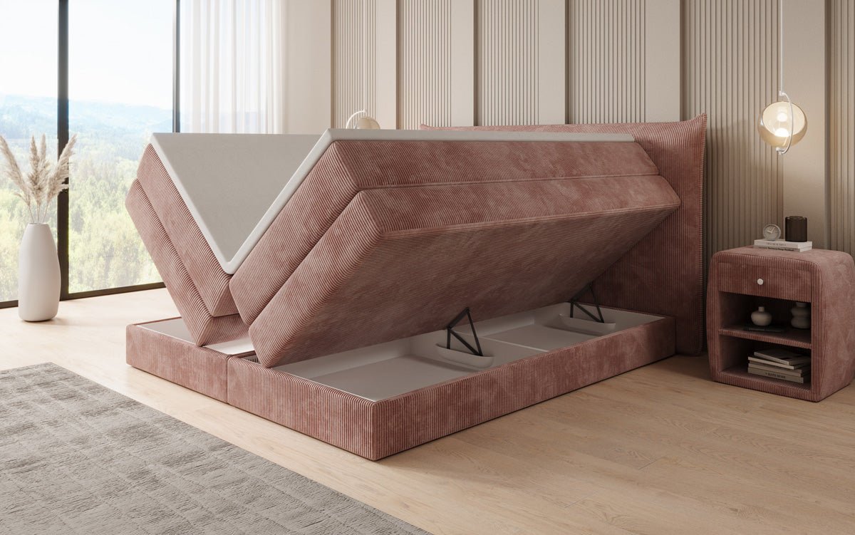 Boxspringbed Liana met opklapbare opbergruimte in Ribstof