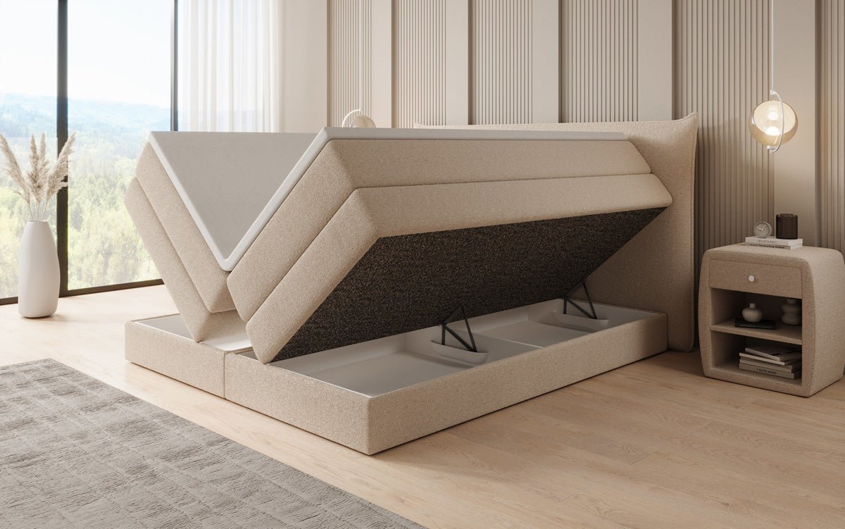 Boxspringbed Liana met opklapbare opbergruimte in Teddystof Bouclé