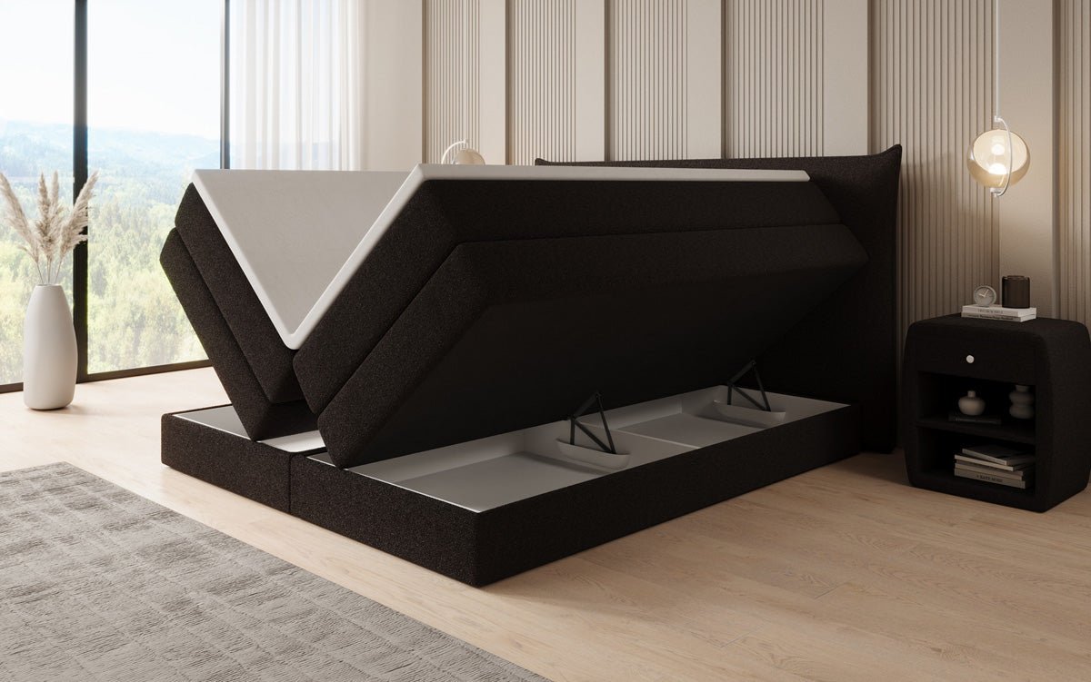 Boxspringbed Liana met opklapbare opbergruimte in Teddystof Bouclé