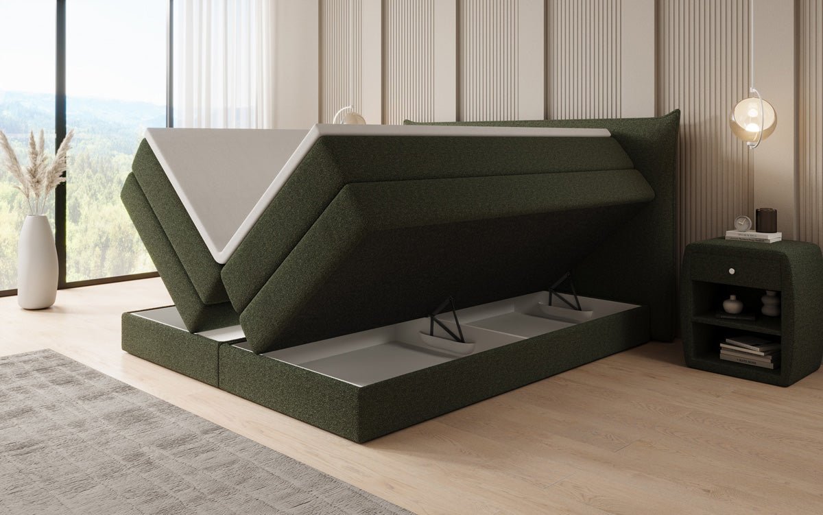 Boxspringbed Liana met opklapbare opbergruimte in Teddystof Bouclé