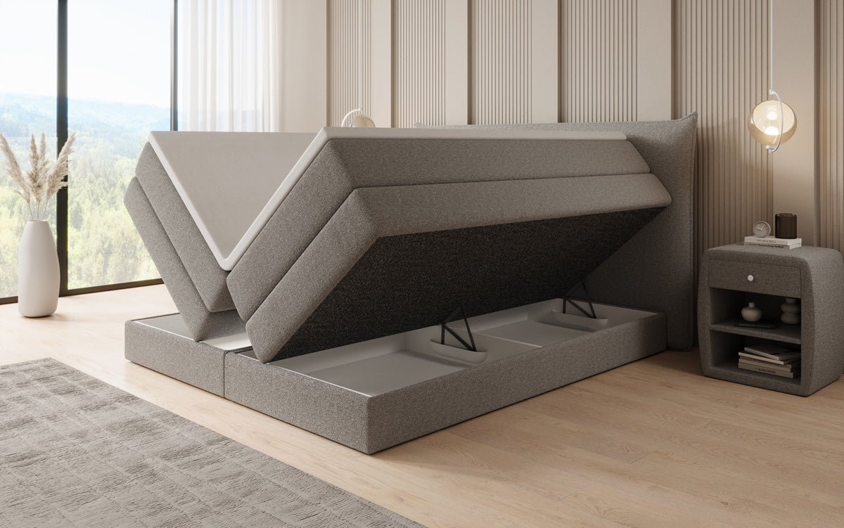 Boxspringbed Liana met opklapbare opbergruimte in Teddystof Bouclé