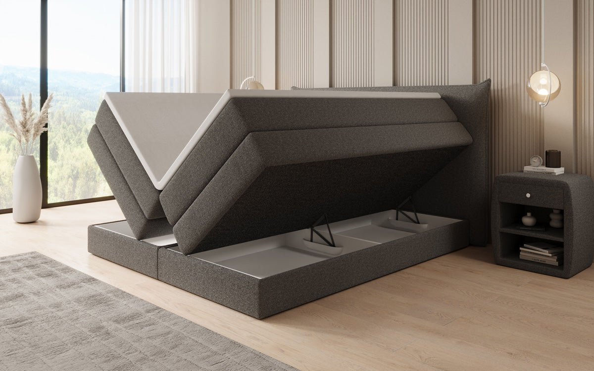 Boxspringbed Liana met opklapbare opbergruimte in Teddystof Bouclé