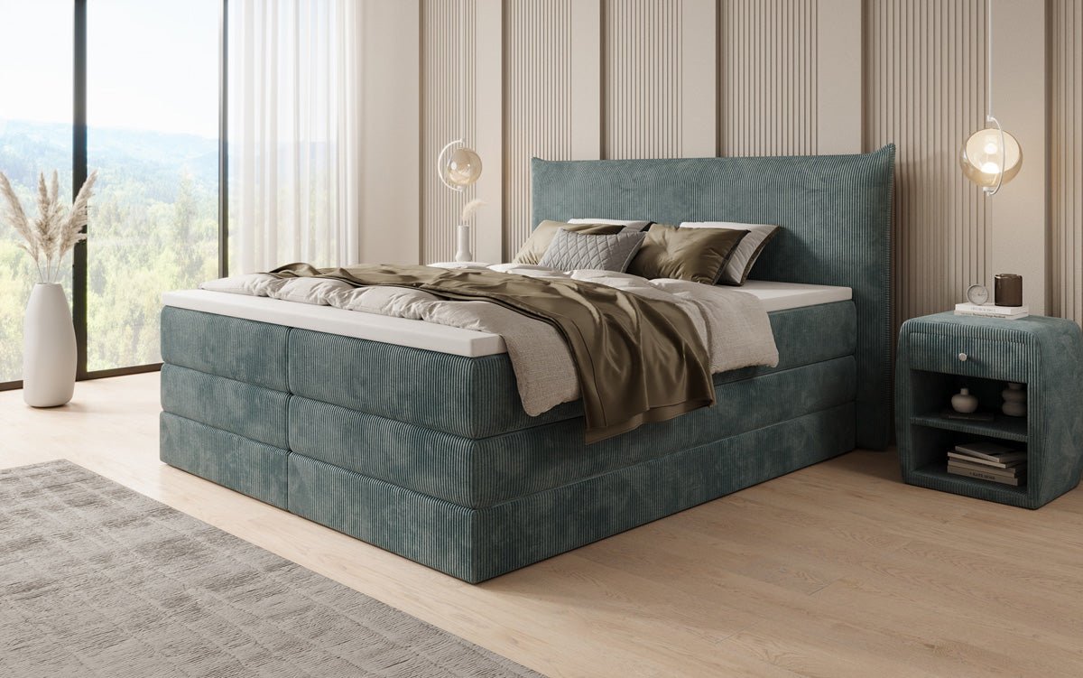 Boxspringbed Liana met opklapbare opbergruimte in Ribstof
