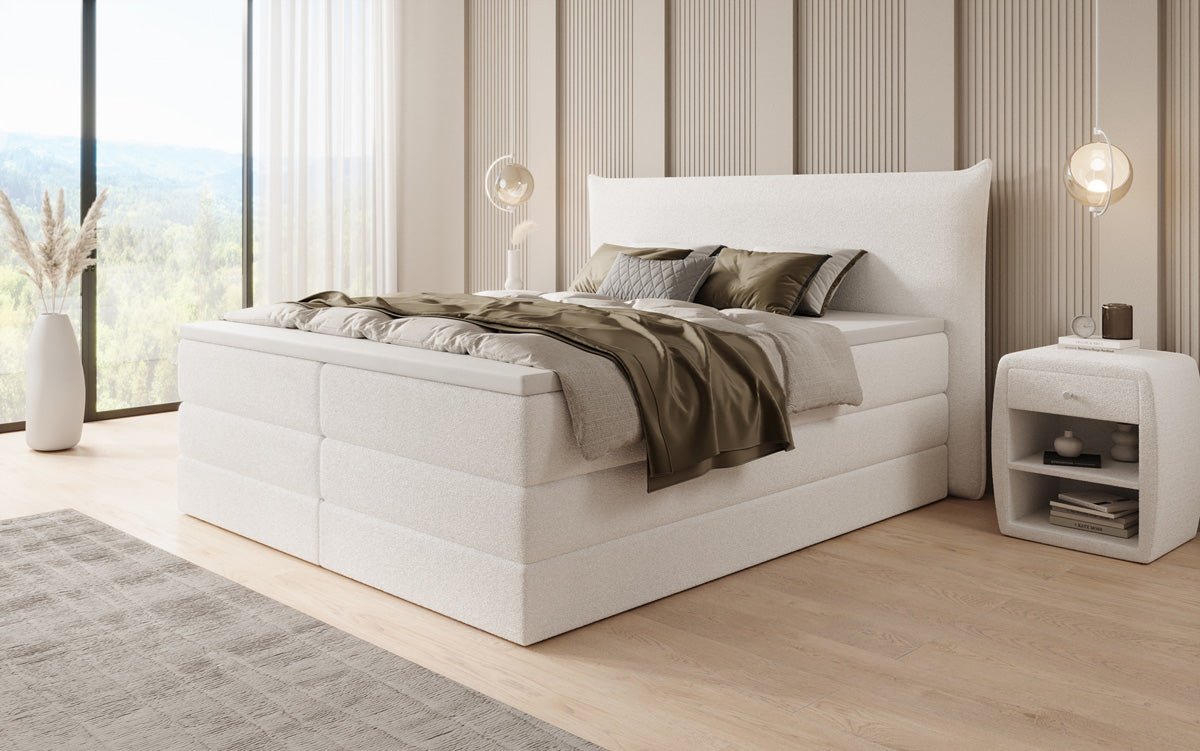 Boxspringbed Liana met opklapbare opbergruimte in Teddystof Bouclé