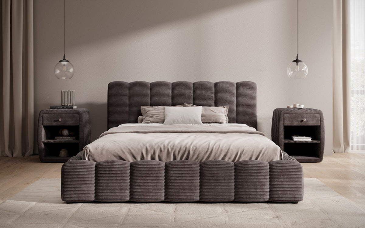 Designerslaapbed Nuveo in ribstof met opbergruimte