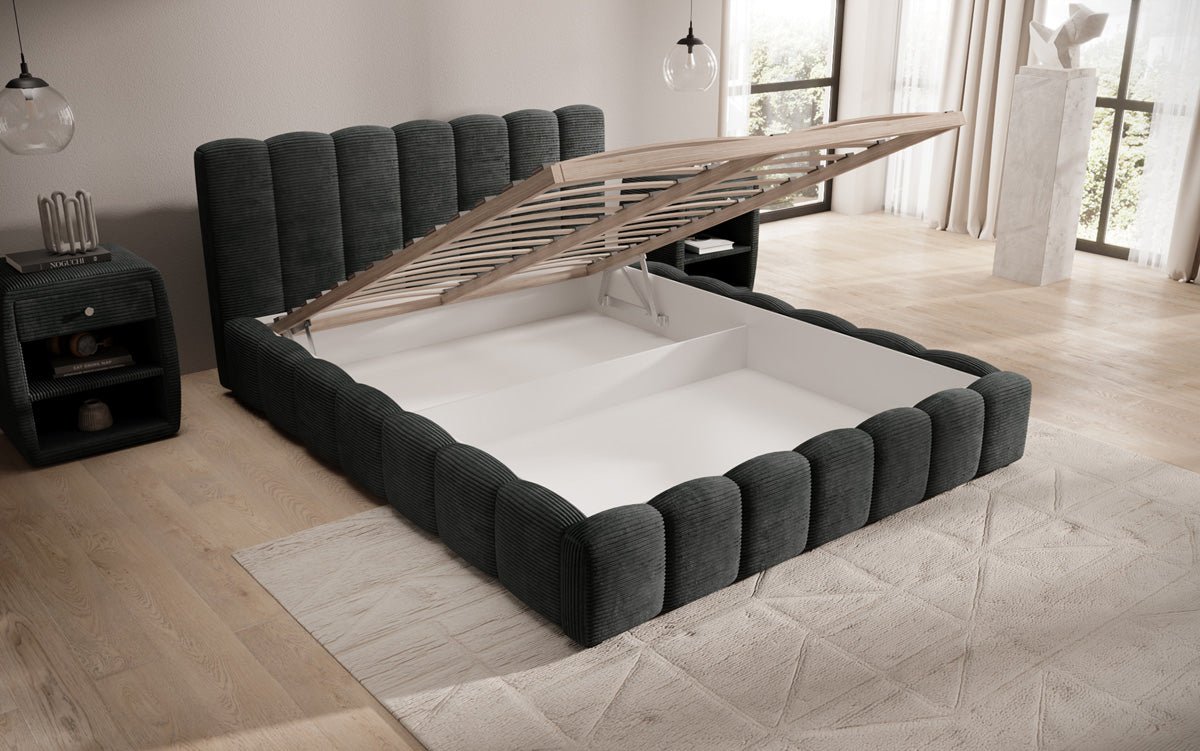 Designerslaapbed Nuveo in ribstof met opbergruimte