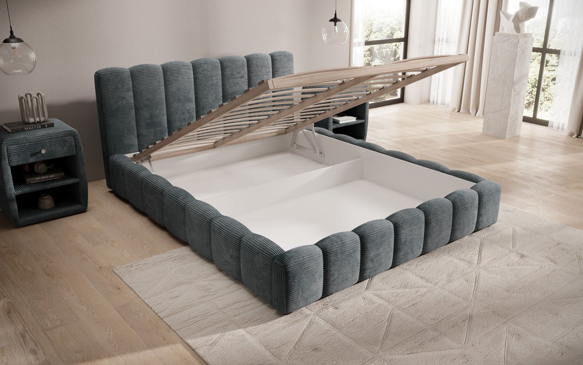 Designerslaapbed Nuveo in ribstof met opbergruimte
