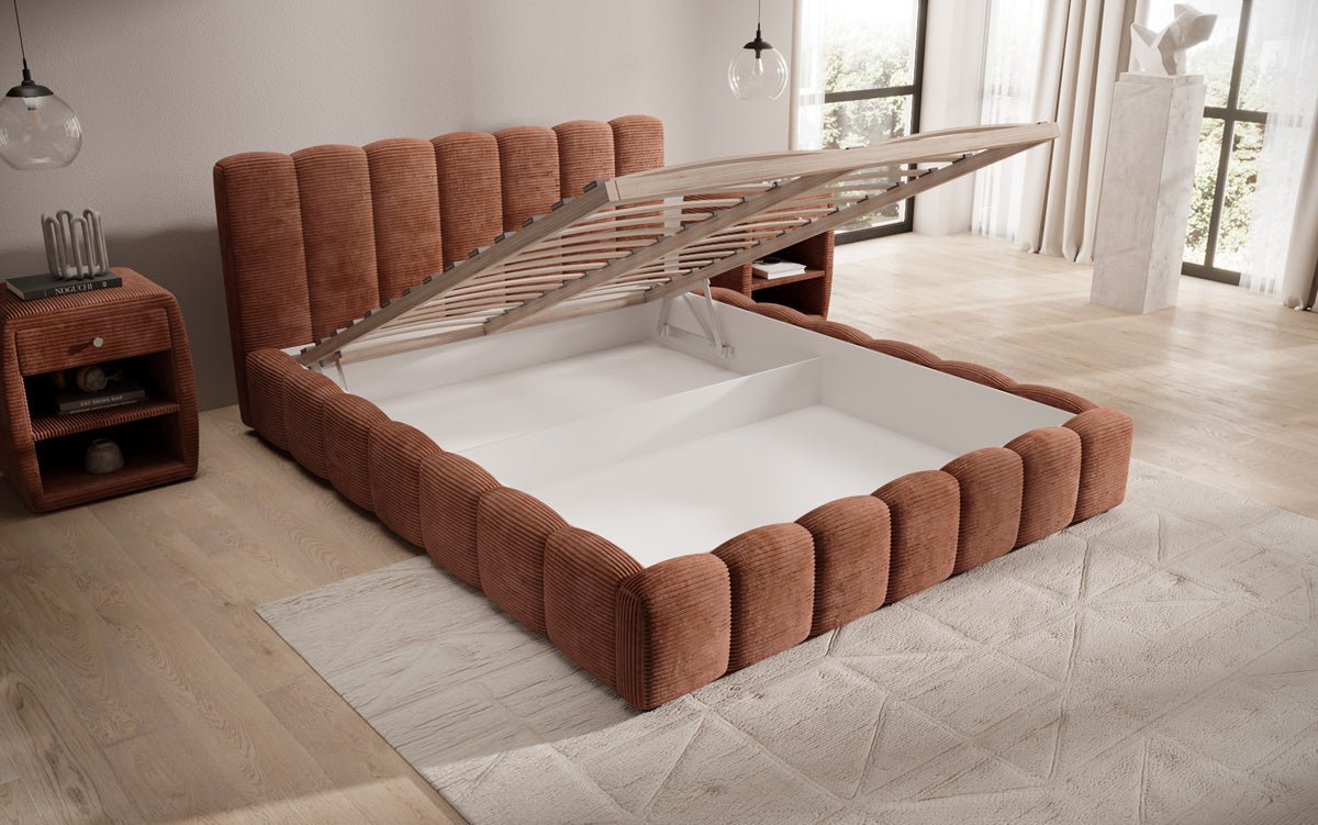 Designerslaapbed Nuveo in ribstof met opbergruimte