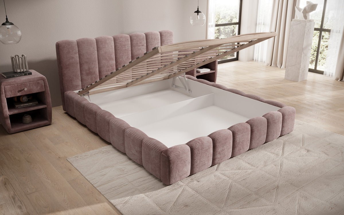 Designerslaapbed Nuveo in ribstof met opbergruimte